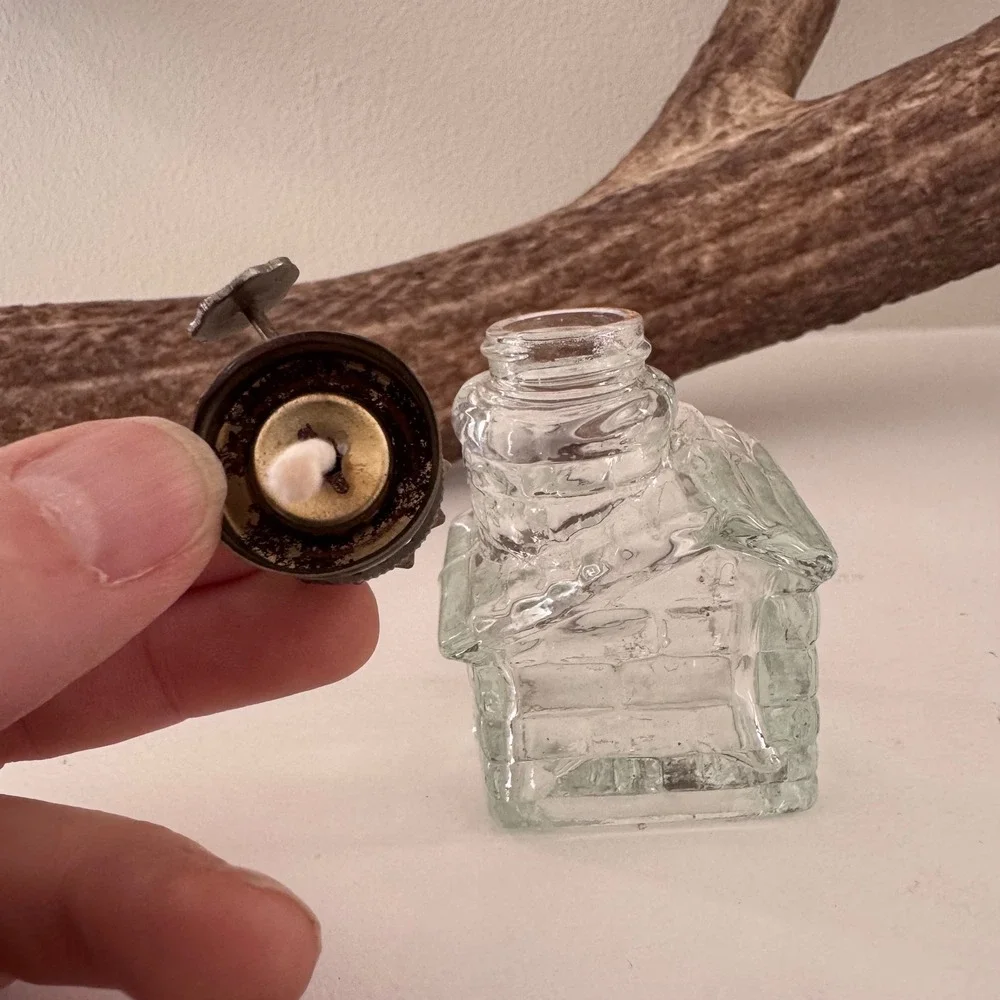 Vintage Miniature Glass Log Cabin Oil Lamp Tiny Cottage Kerosene Lamp Clear